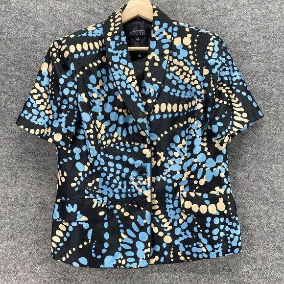 Kasper Blazer Women 10 Black Geometric Collared Button Up Short Sleeve Lined - Picture 1 of 9